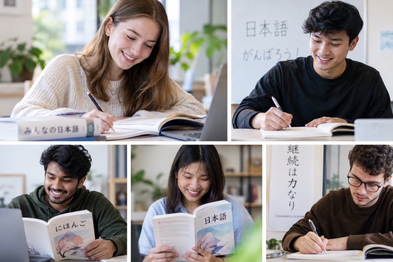 Learners studying Japanese with workbooks